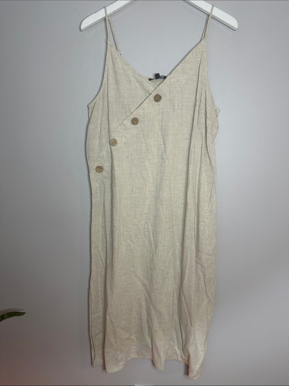 Linen-Blend Beige Button-Accent Slip Dress size L NWT